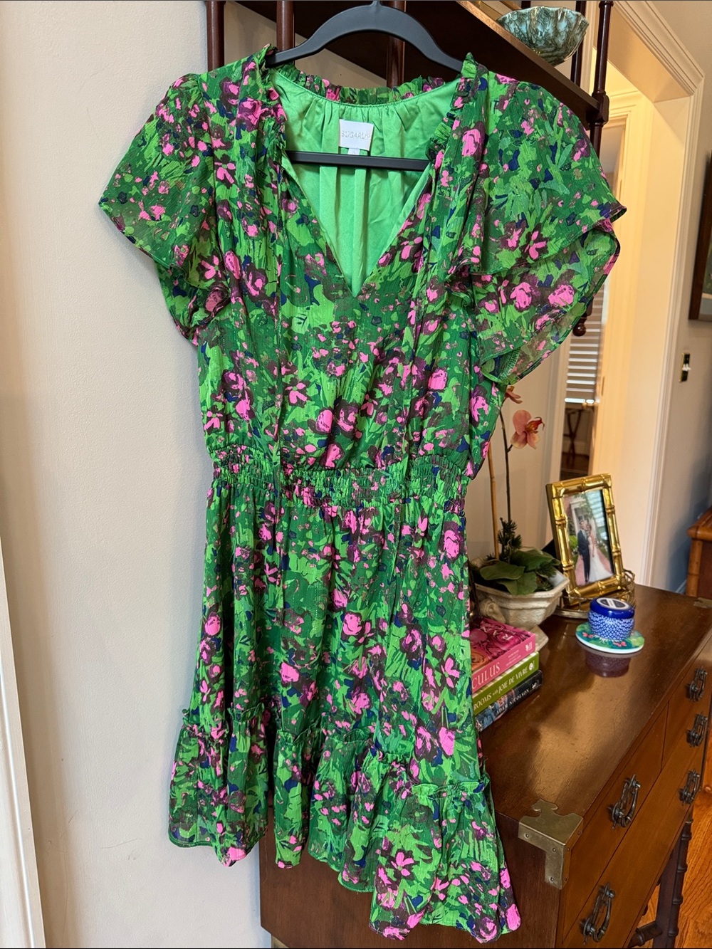 Green Floral V-Neck Short Dress